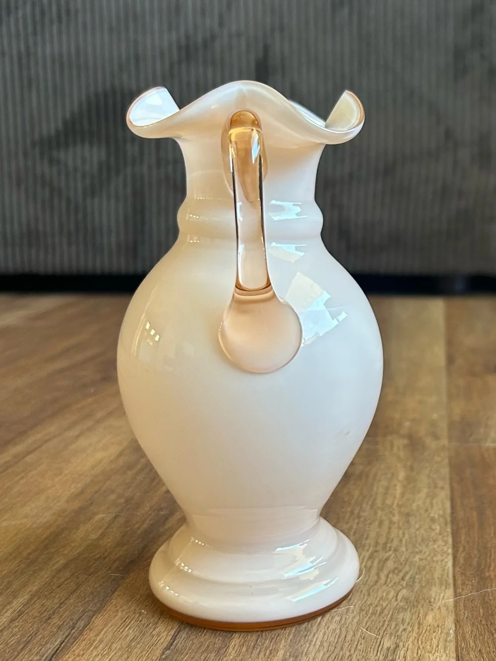 Antique 1920s–1930s Czechoslovakian Art Glass Vase Blush Pink Ruffled Double Han